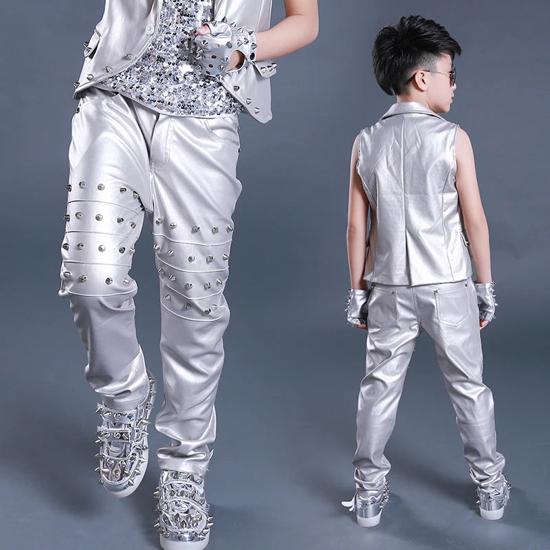 Boys Hip Hop Leather Rivet Stage Pants