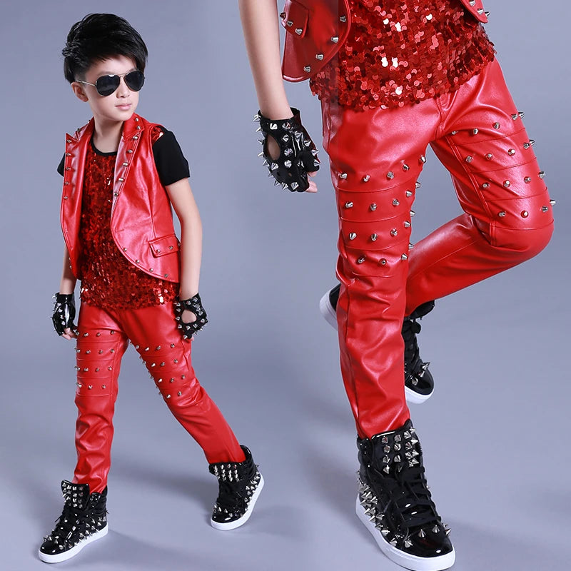 Boys Hip Hop Leather Rivet Stage Pants