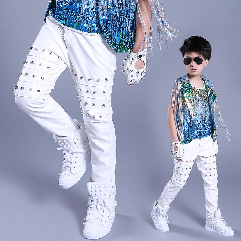 Boys Hip Hop Leather Rivet Stage Pants