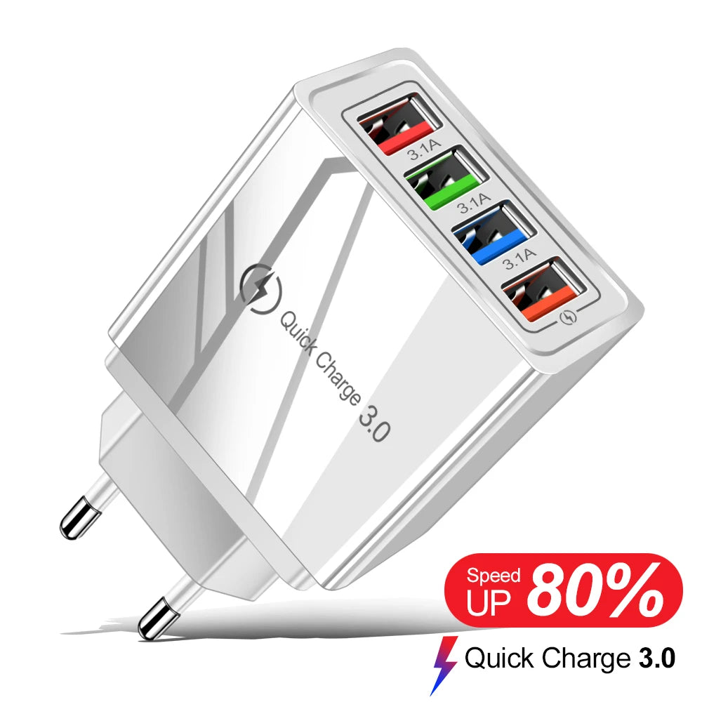 3A USB Charger 4 Port USB Quick Charge 3.0 EU US Plug Mobile Phone Charger Wall Adapter Portable Fast Charging For iPhone 16 Pro