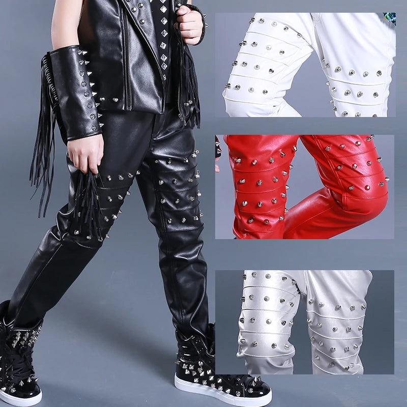 Boys Hip Hop Leather Rivet Stage Pants
