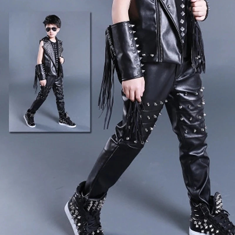 Boys Hip Hop Leather Rivet Stage Pants